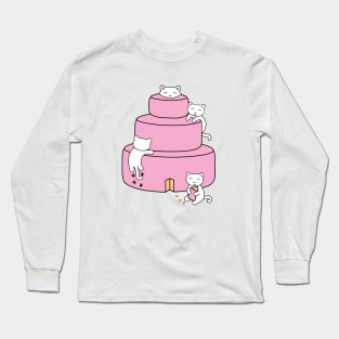 Cute cats climbing on a pink happy birhtday cake Long Sleeve T-Shirt